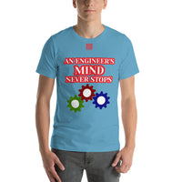 Short-Sleeve Unisex T-Shirt "10102-0071 An Engineer's Mind Never Stops (Red Logo)"